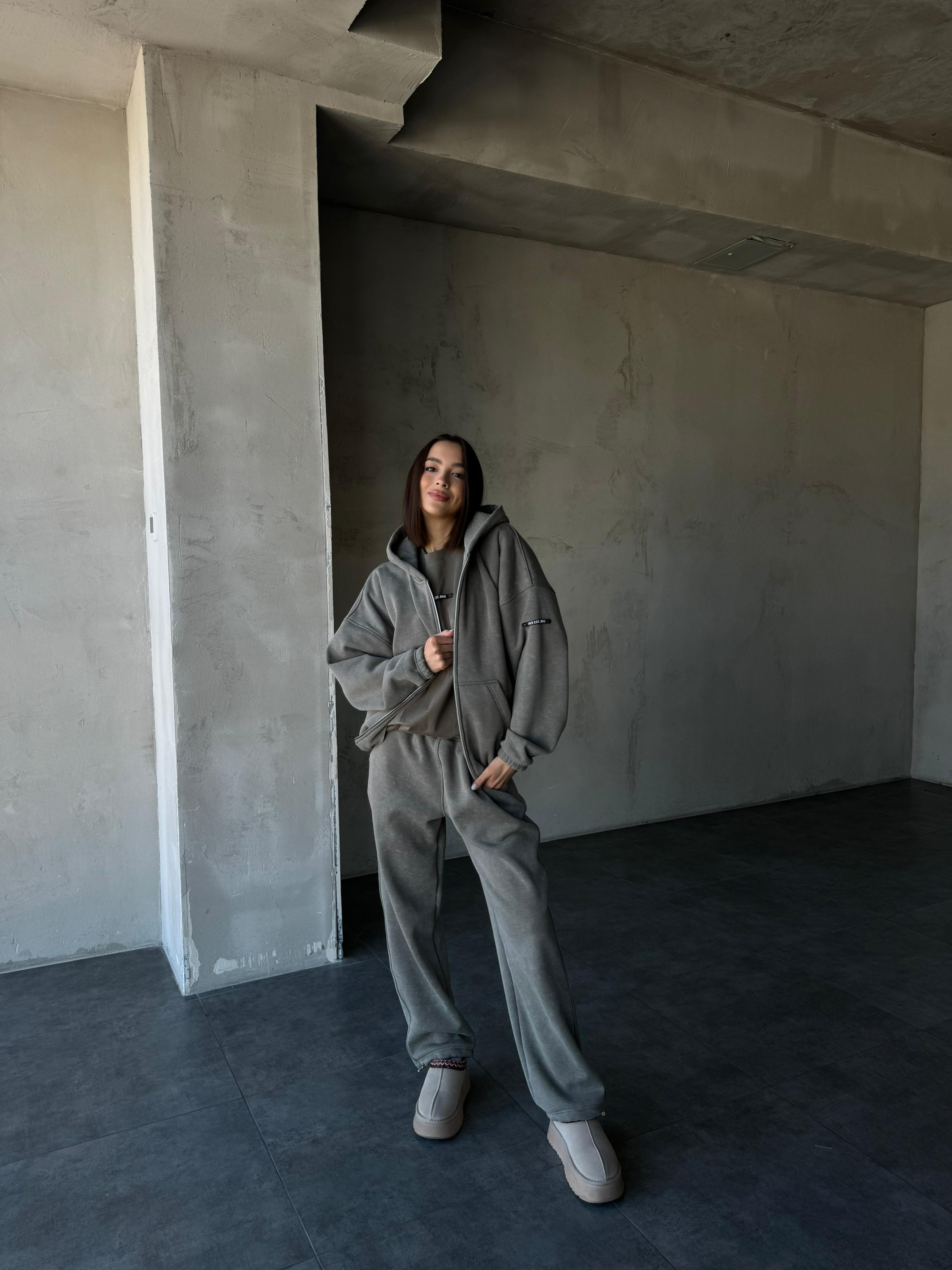 KHAKI WASHED zip warm set