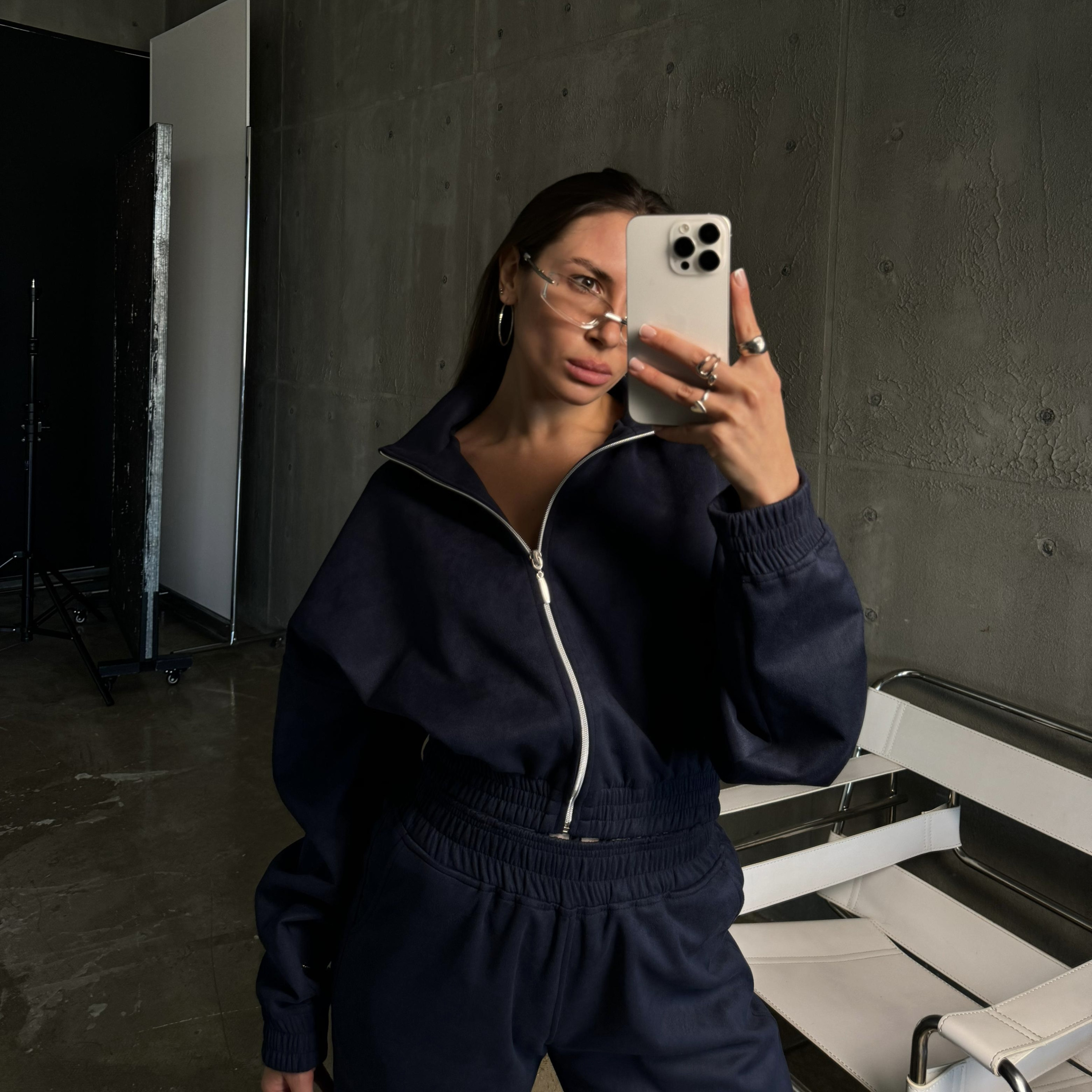 Dark blue premium velour crop zip set