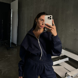 Dark blue premium velour crop zip set