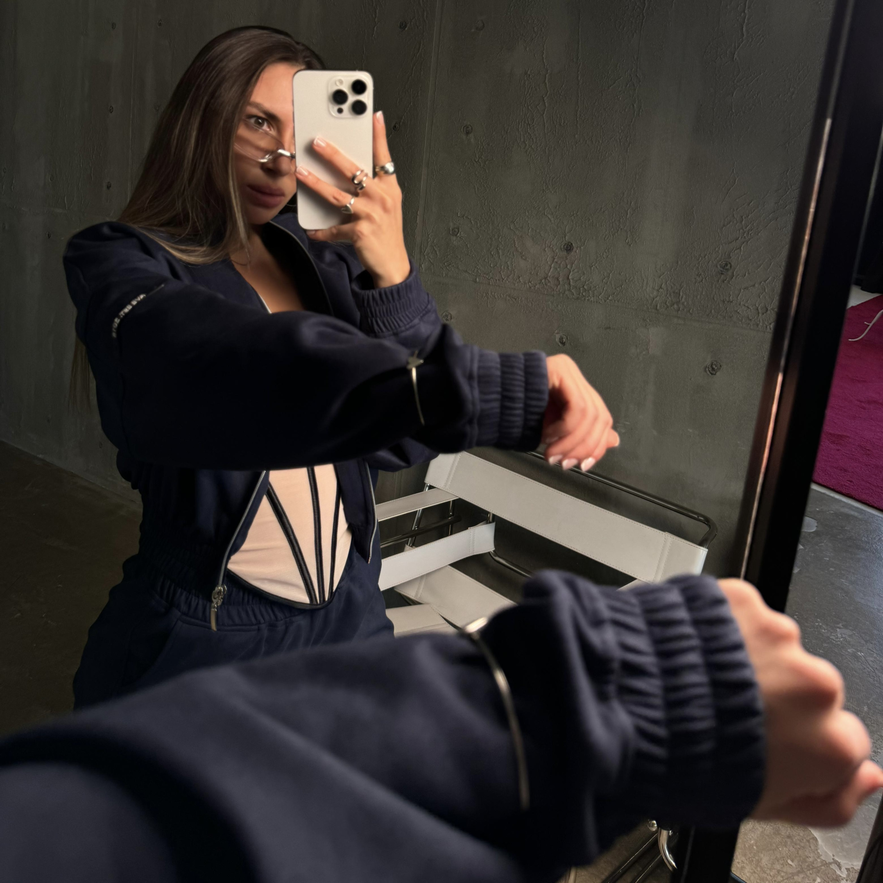 Dark blue premium velour crop zip set