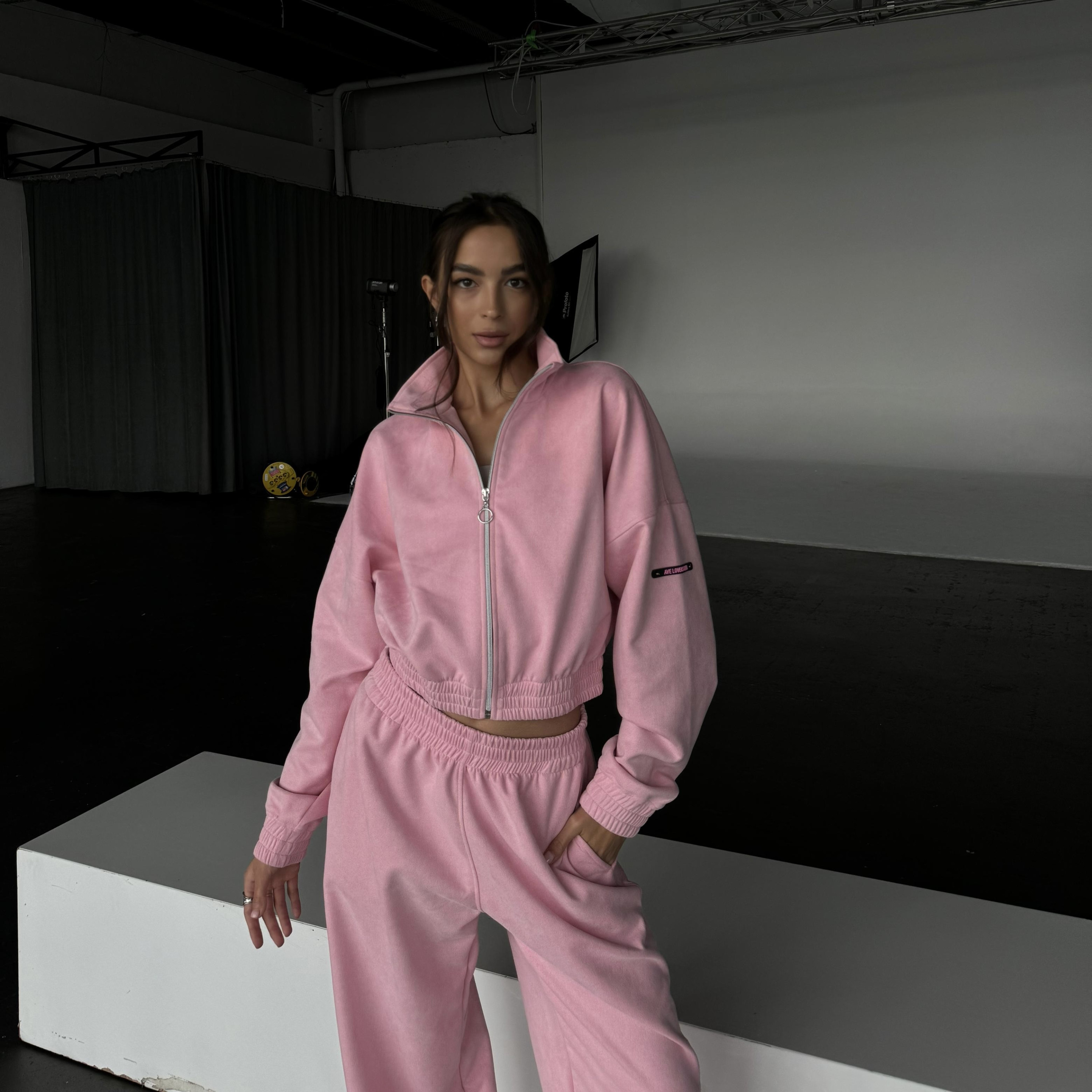 Mommy pink premium velour crop zip set