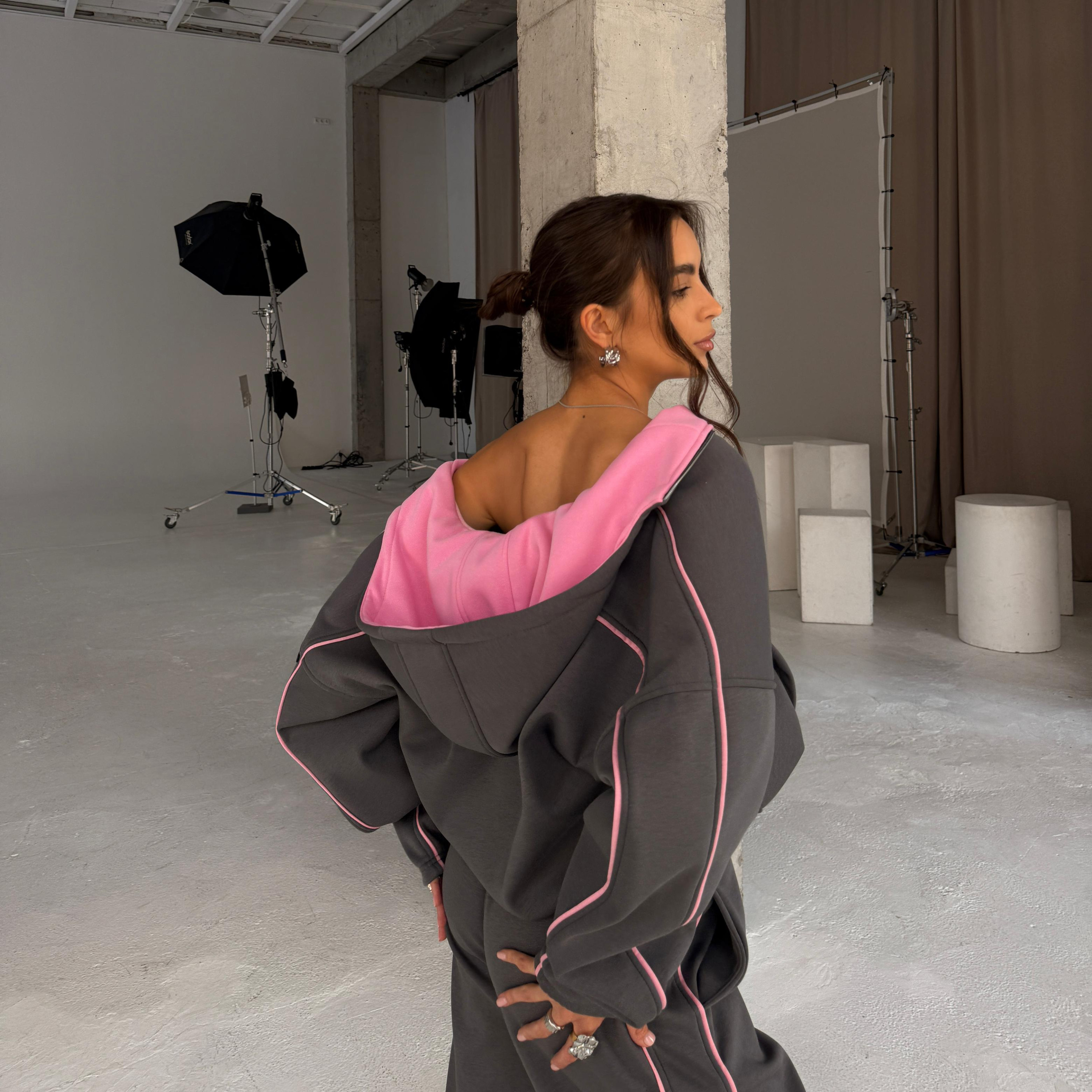 anthracite pink warm zip set