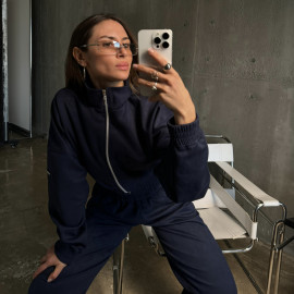 Dark blue premium velour crop zip set