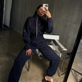 Dark blue premium velour crop zip set