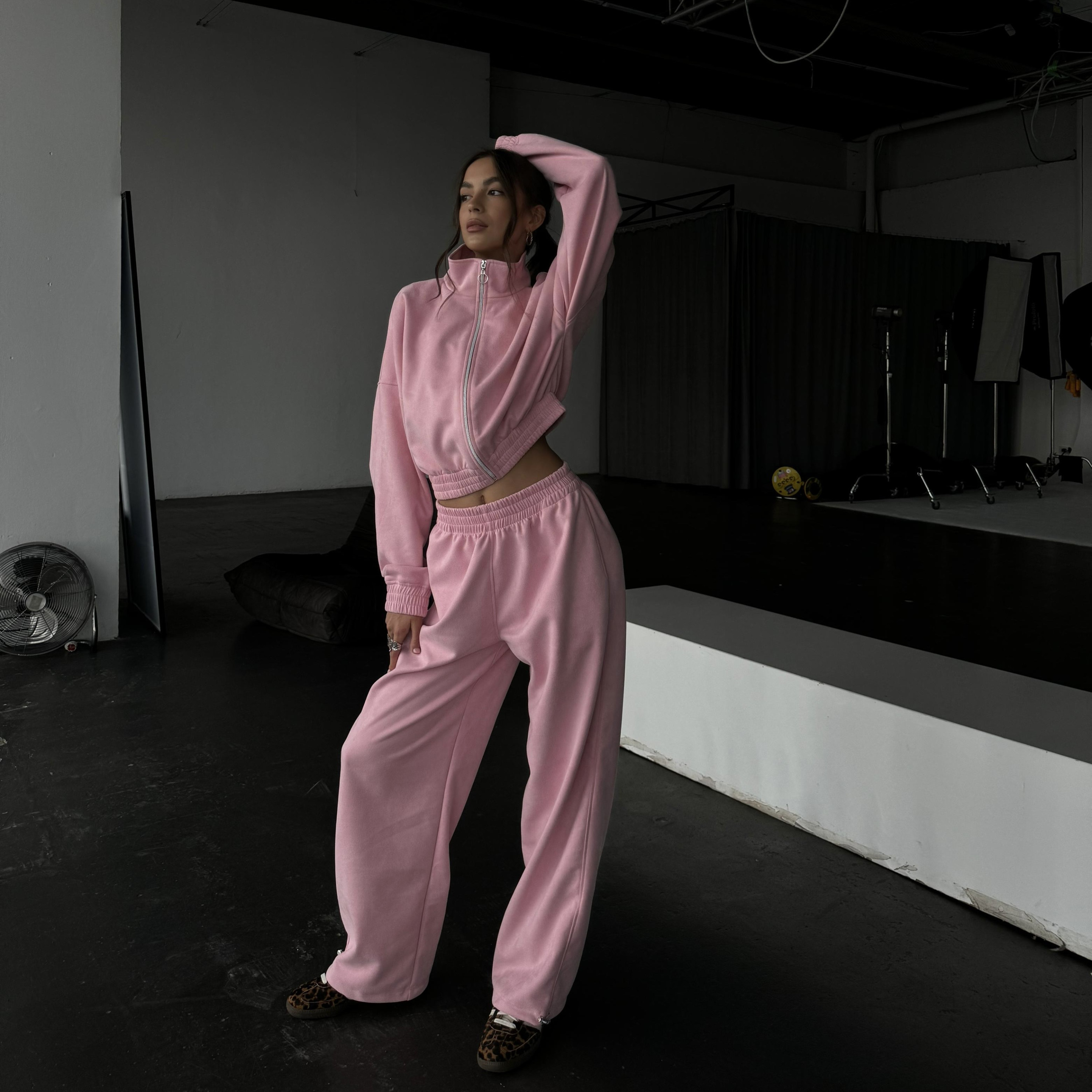 Mommy pink premium velour crop zip set