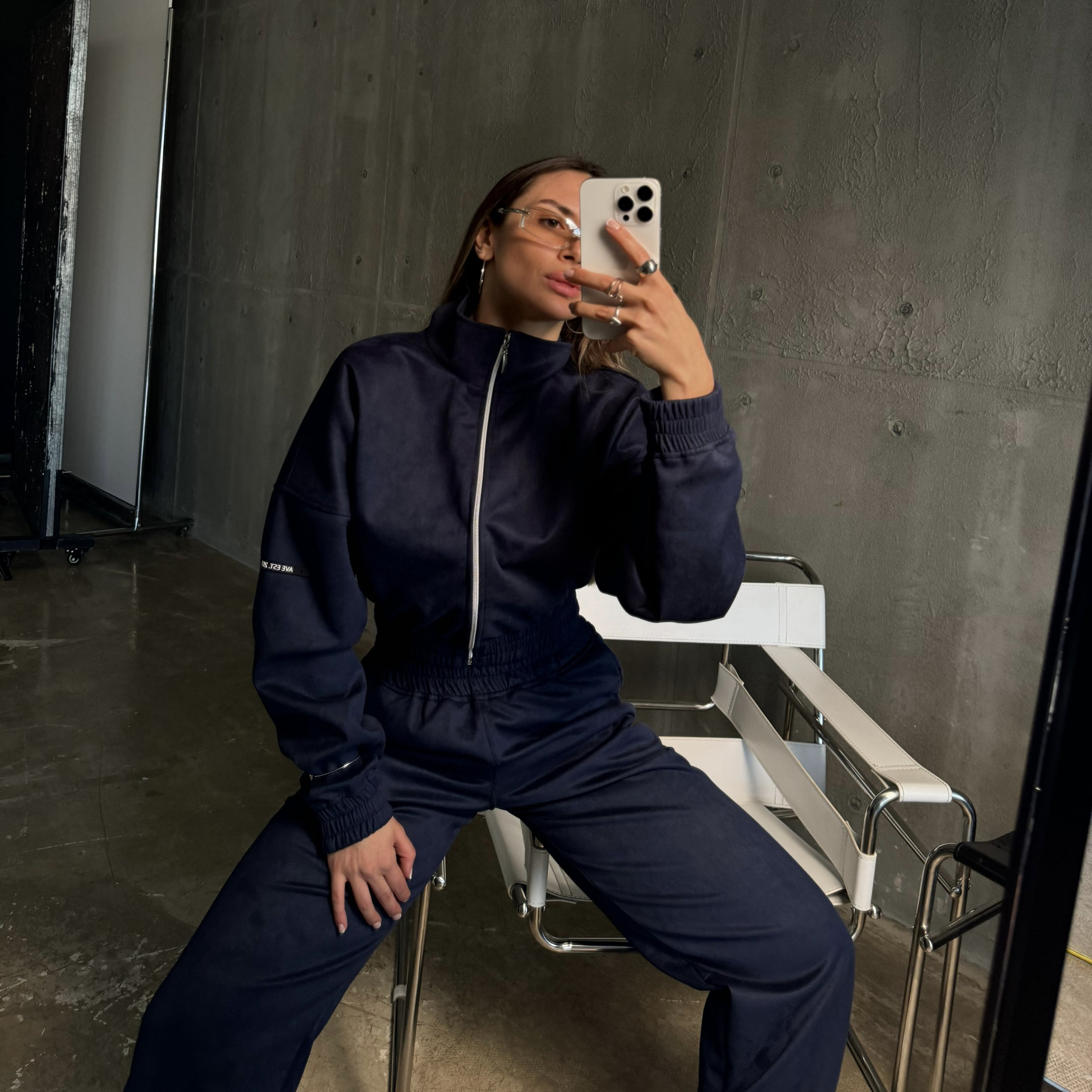 Dark blue premium velour crop zip set