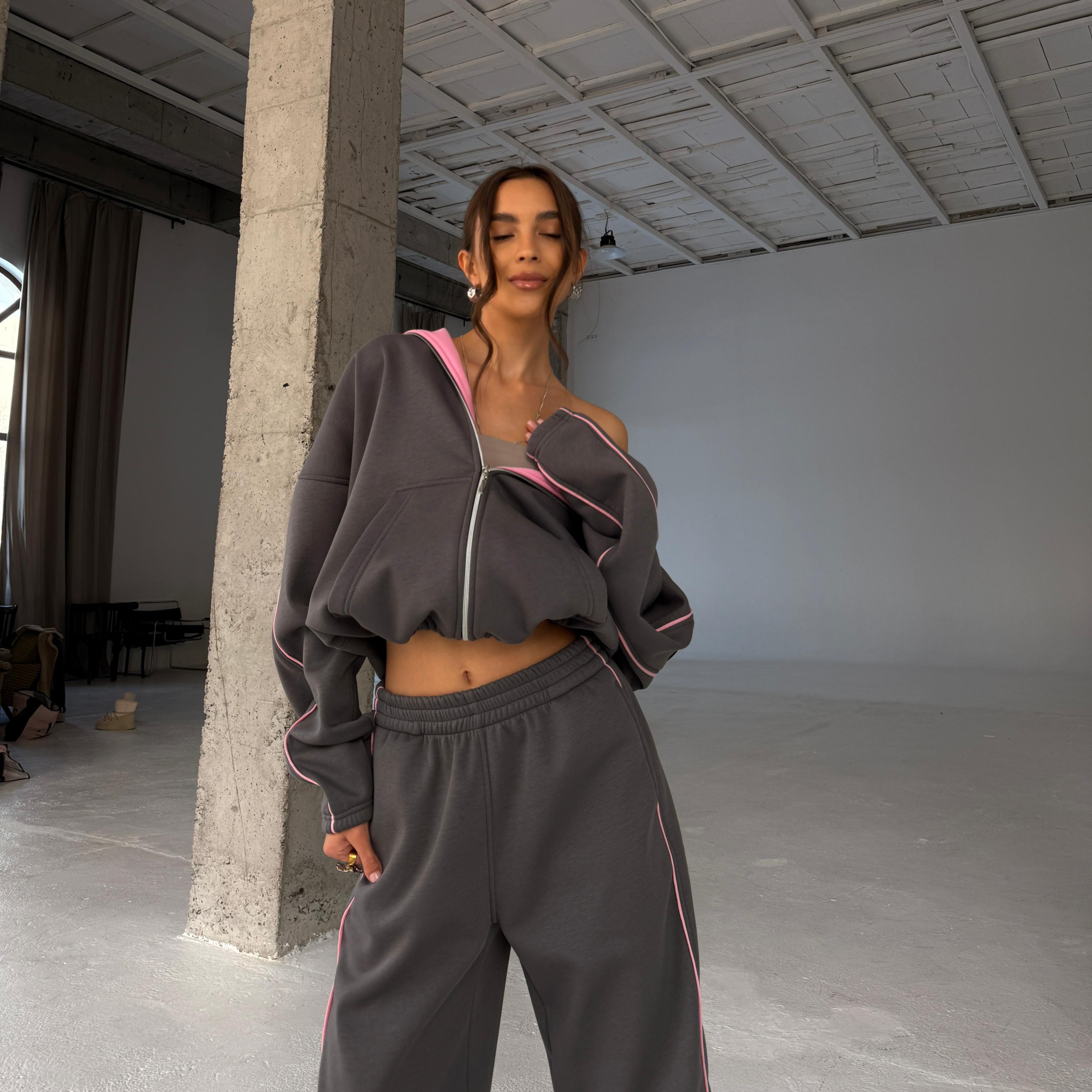 anthracite pink warm zip set