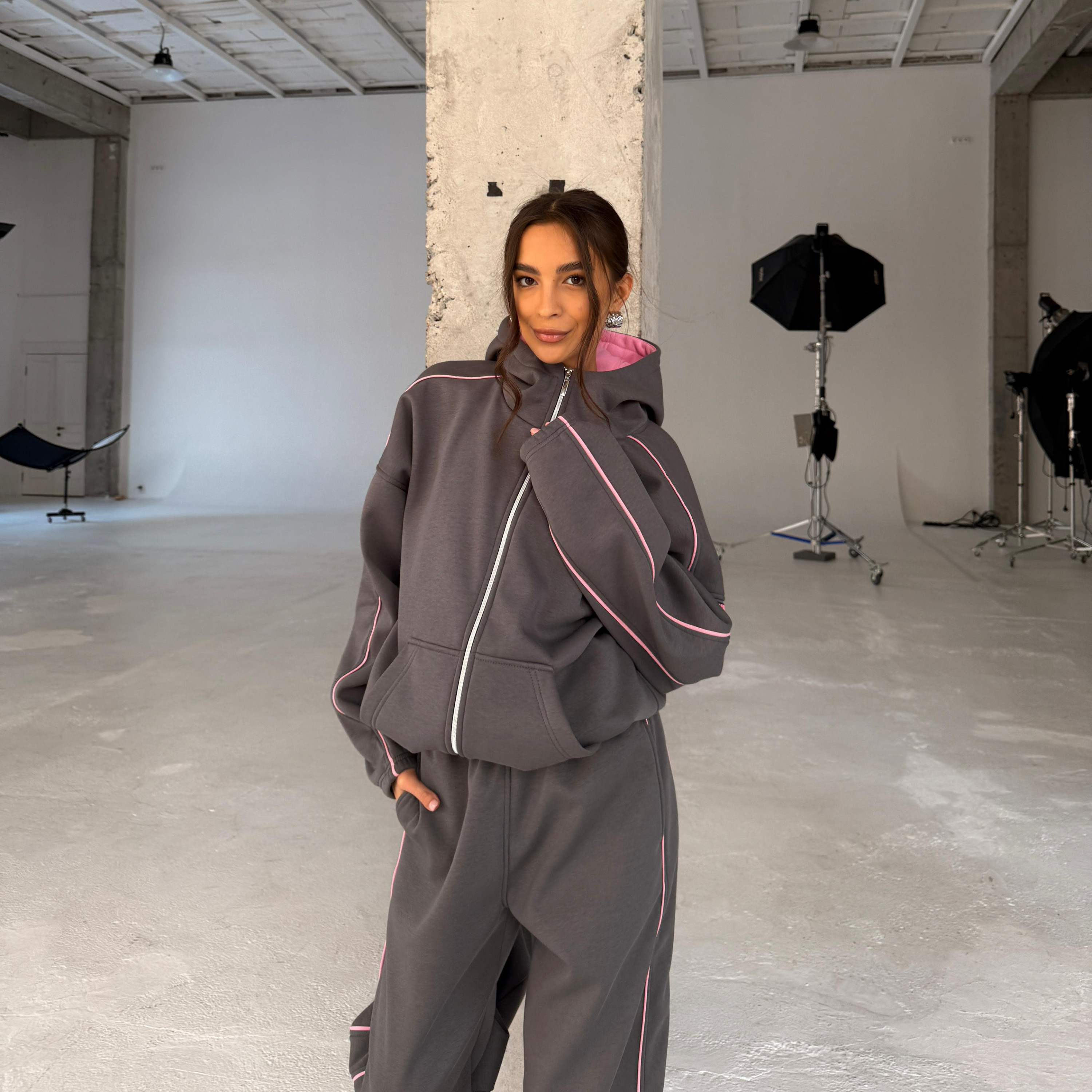 anthracite pink warm zip set