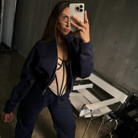 Dark blue premium velour crop zip set